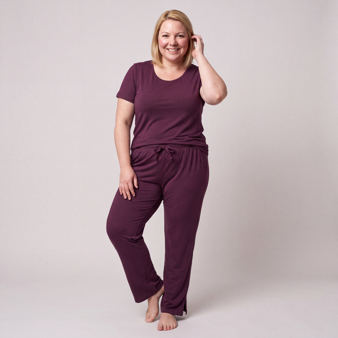 Merlot Cool-jams NightCool Pajama Pants for women, worn with a matching scoop-neck tee, front view, full length