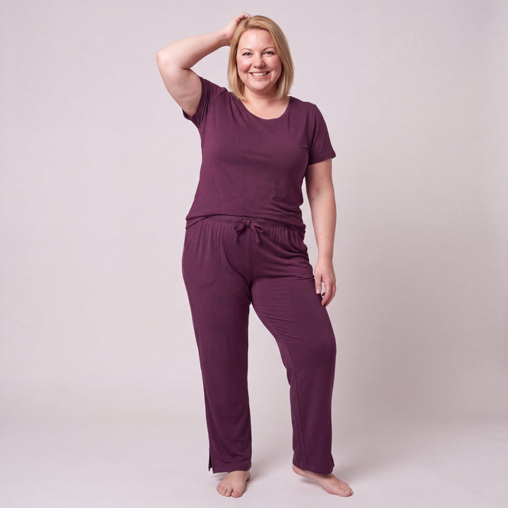 Merlot Cool-jams NightCool Pajama Pants for women, worn with a matching scoop-neck tee, side view, full length