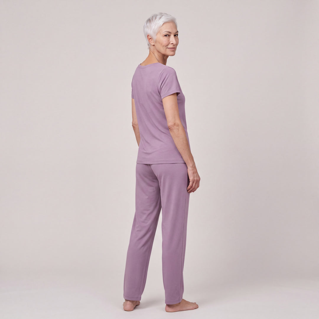 Violet Cool-jams NightCool Pajama Pants for women, worn with a matching scoop-neck tee, back view, full length