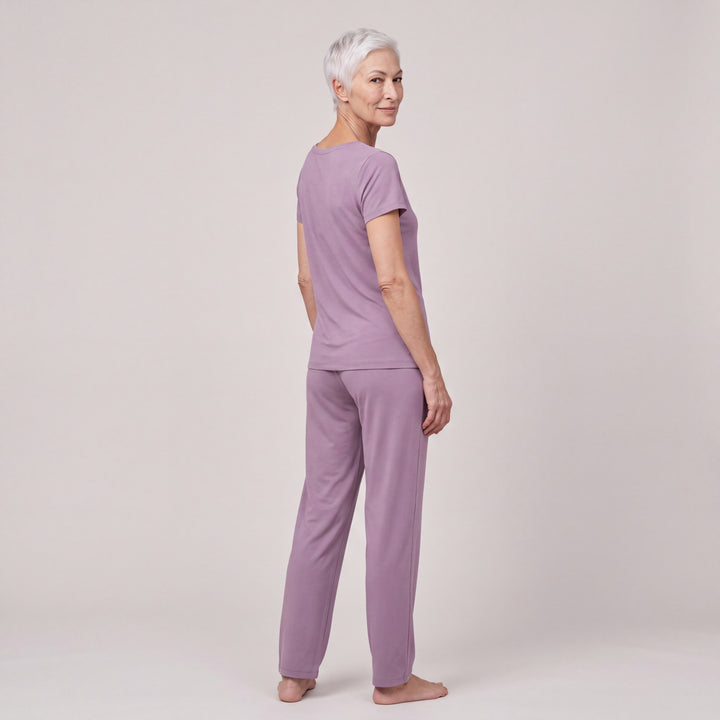Violet Cool-jams NightCool Pajama Pants for women, worn with a matching scoop-neck tee, back view, full length