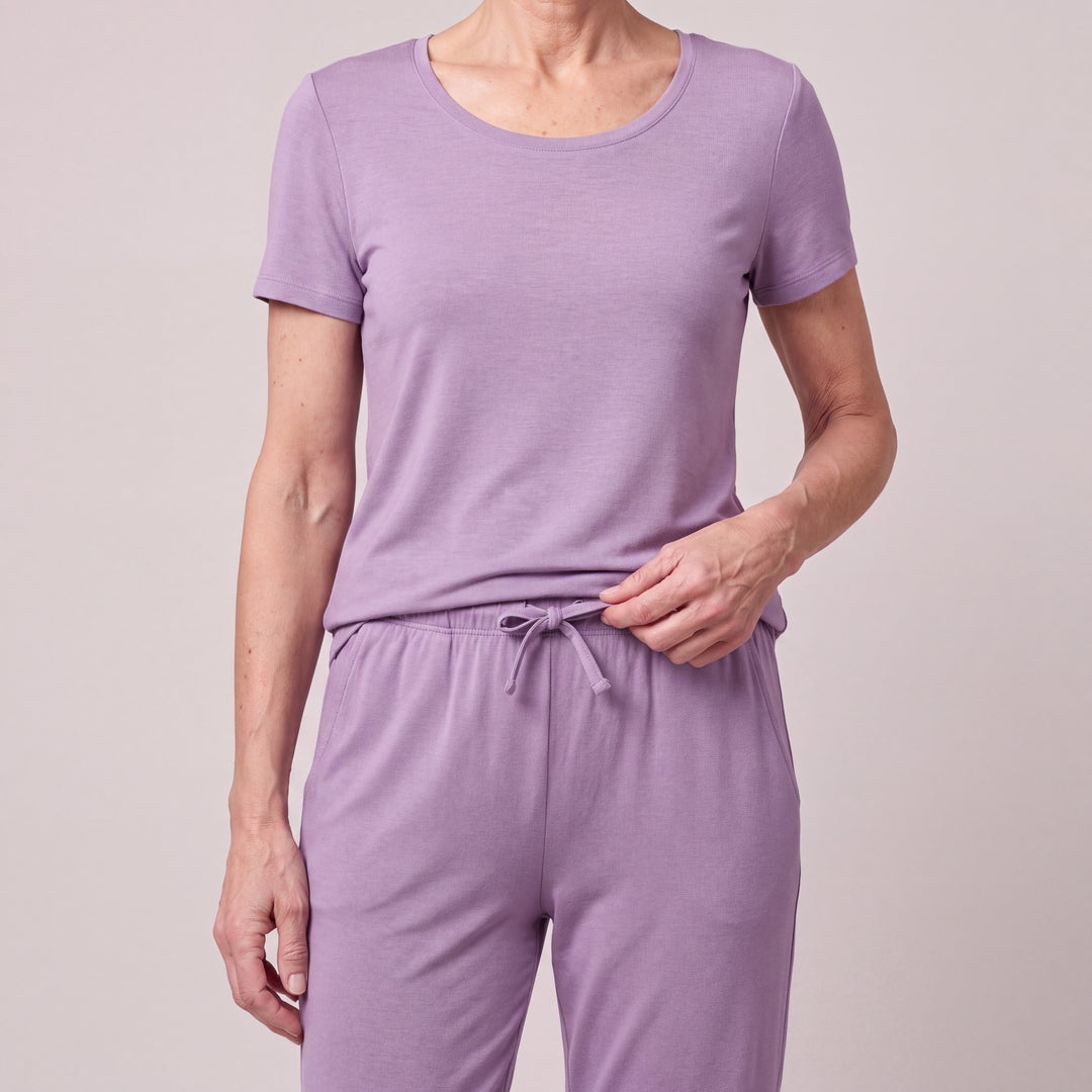 Violet Cool-jams NightCool Pants for women, close-up, holding a loop of the bow