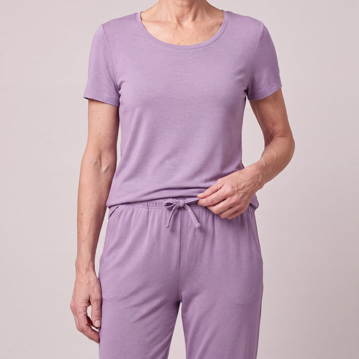 Violet Cool-jams NightCool Pants for women, close-up, holding a loop of the bow