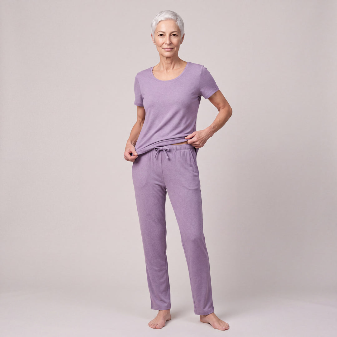 Violet Cool-jams NightCool Pajama Pants for women, worn with a matching scoop-neck tee, front view, full length