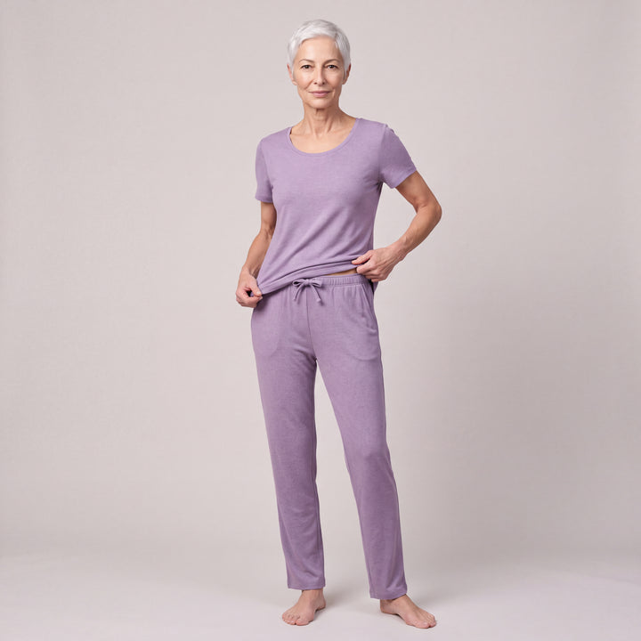 Violet Cool-jams NightCool Pajama Pants for women, worn with a matching scoop-neck tee, front view, full length