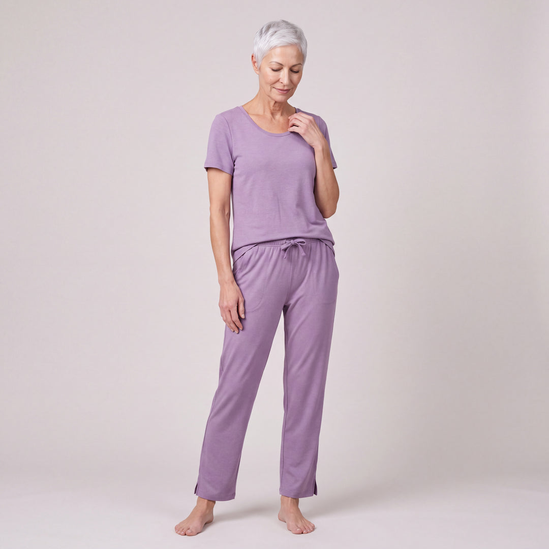 Violet Cool-jams NightCool Pajama Pants for women, worn with a matching scoop-neck tee, side view, full length