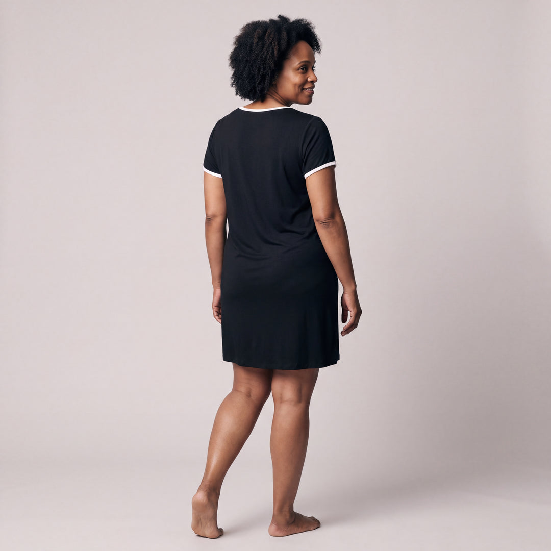 Black Cool-jams NightCool Pleated Front Short Sleeve Nightie for women, short sleeves, soft pleated front and white trim at the neckline and sleeves, back view, full length