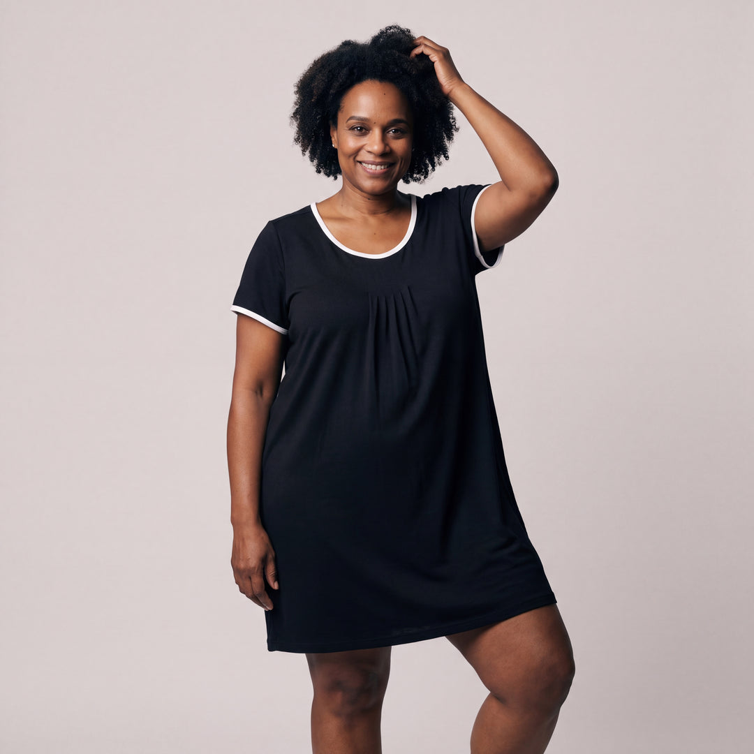 Women's NightCool Pleated Front Short Sleeve Nightie in Black