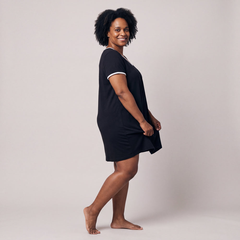 Women's NightCool Pleated Front Short Sleeve Nightie in Black