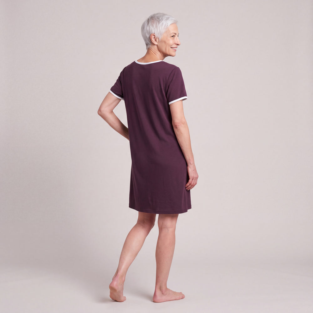 Merlot Cool-jams NightCool Pleated Front Short Sleeve Nightie for women, short sleeves, soft pleated front and white trim at the neckline and sleeves, back view, full length