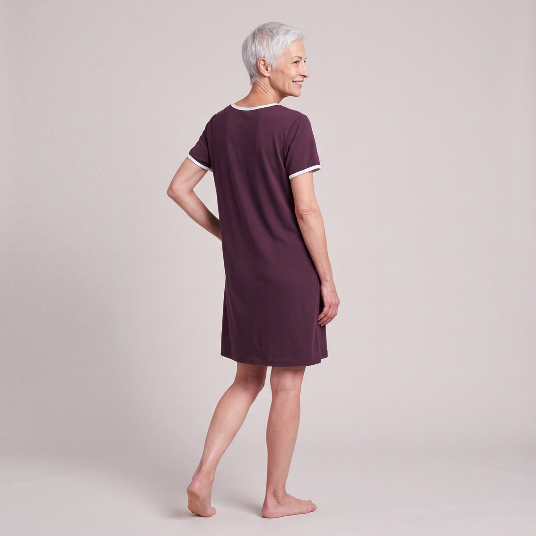 Merlot Cool-jams NightCool Pleated Front Short Sleeve Nightie for women, short sleeves, soft pleated front and white trim at the neckline and sleeves, back view, full length