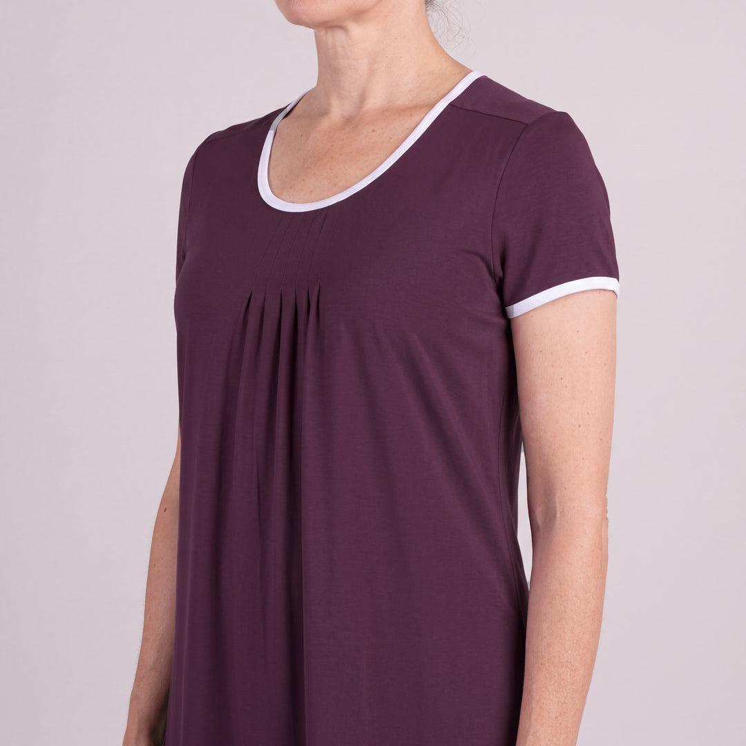 Merlot Cool-jams NightCool Pleated Front Short Sleeve Nightie for women, short sleeves, soft pleated front and white trim at the neckline and sleeves, close-up of the neckline, front pleats and sleeve trim