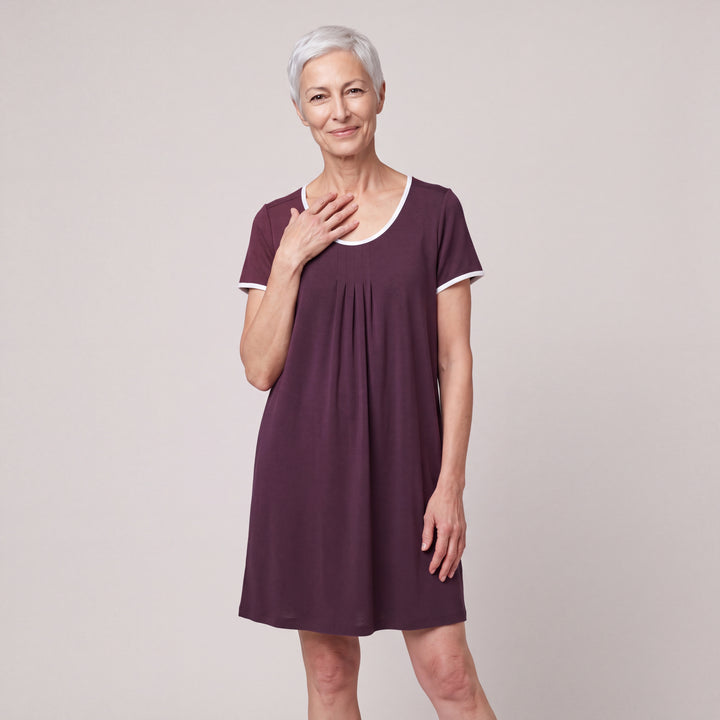 Merlot Cool-jams NightCool Pleated Front Short Sleeve Nightie for women, short sleeves, soft pleated front and white trim at the neckline and sleeves, front view, full length