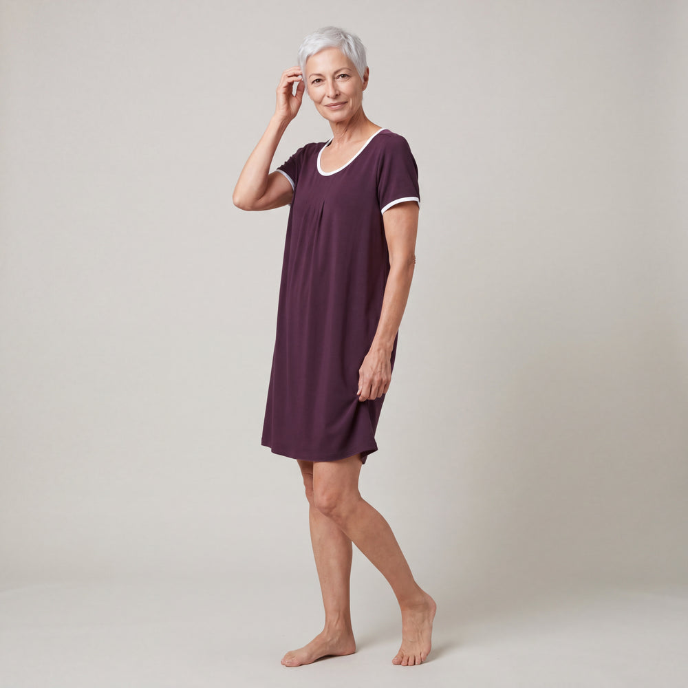 Women's NightCool Pleated Front Short Sleeve Nightie in Merlot