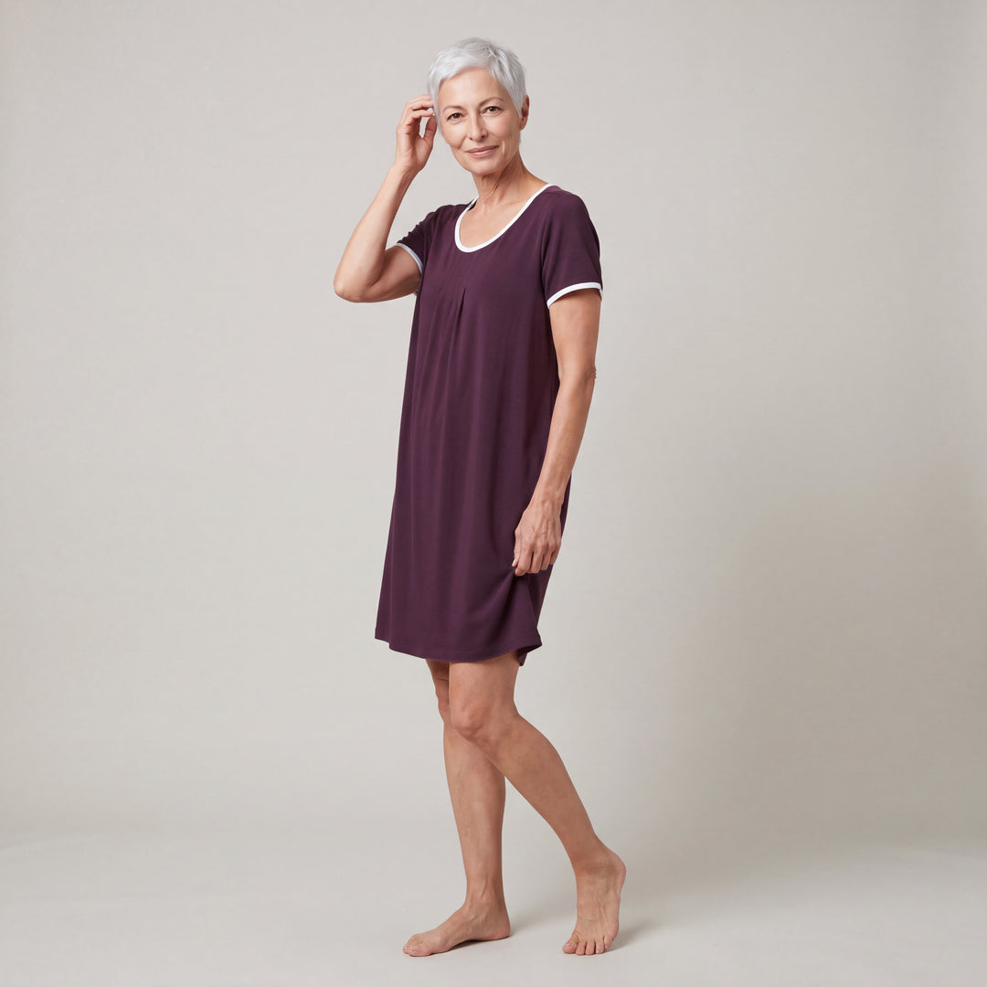 Merlot Cool-jams NightCool Pleated Front Short Sleeve Nightie for women, short sleeves, soft pleated front and white trim at the neckline and sleeves, three-quarter view, full length