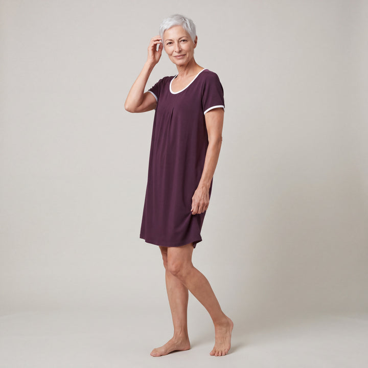 Merlot Cool-jams NightCool Pleated Front Short Sleeve Nightie for women, short sleeves, soft pleated front and white trim at the neckline and sleeves, three-quarter view, full length