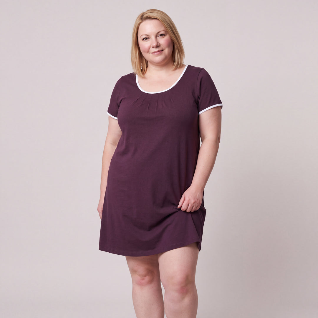 Merlot Cool-jams NightCool Pleated Front Short Sleeve Nightie for women, short sleeves, soft pleated front and white trim at the neckline and sleeves, front view, model posing, full length