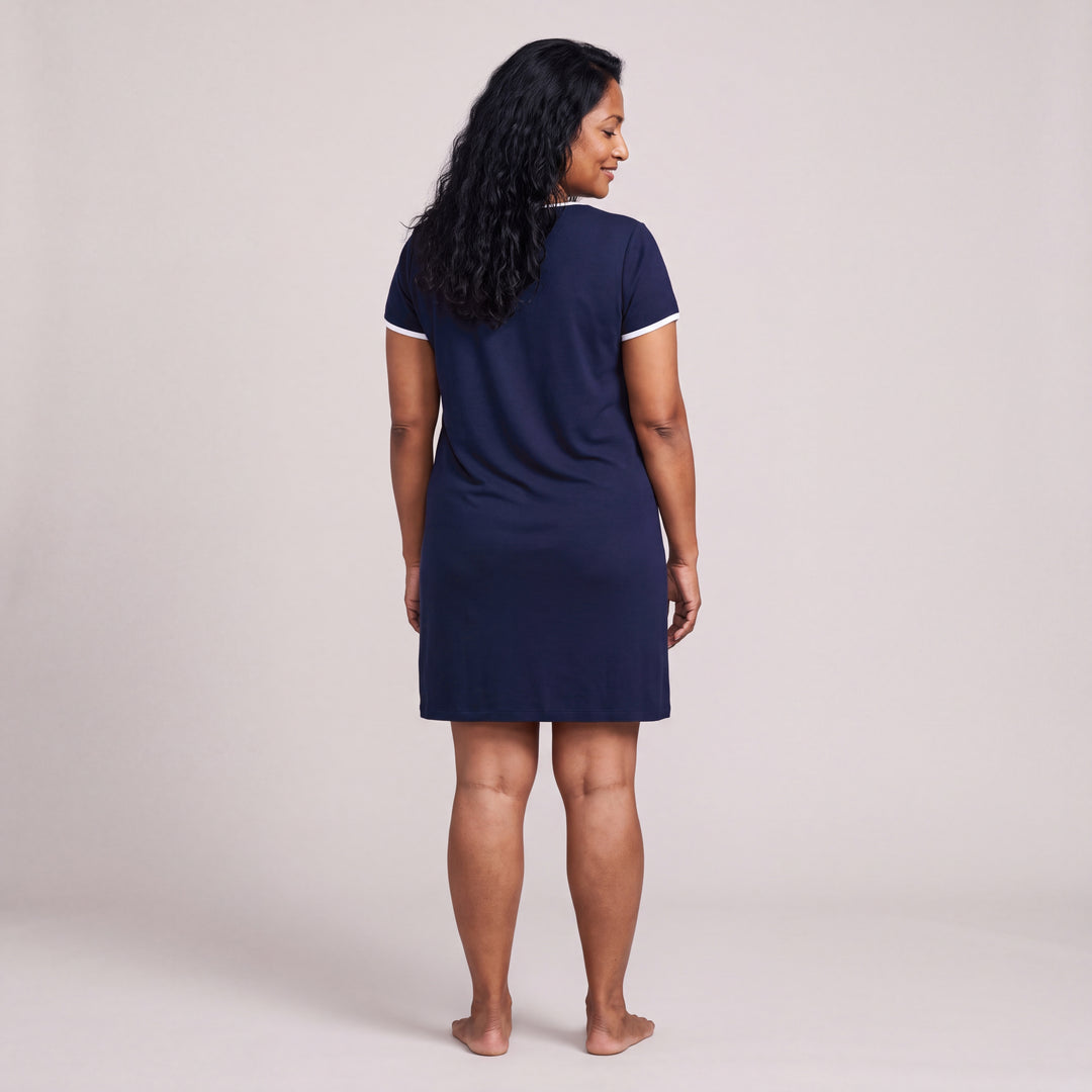 Navy Cool-jams NightCool Pleated Front Short Sleeve Nightie for women, short sleeves, soft pleated front and white trim at the neckline and sleeves, back view, full length