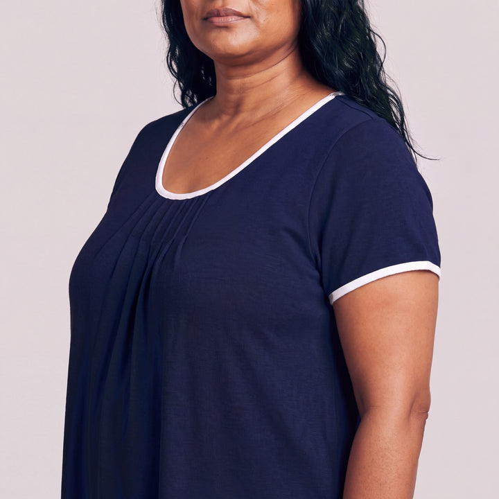 Navy Cool-jams NightCool Pleated Front Short Sleeve Nightie for women, short sleeves, soft pleated front and white trim at the neckline and sleeves, close-up of the neckline, front pleats and sleeve trim