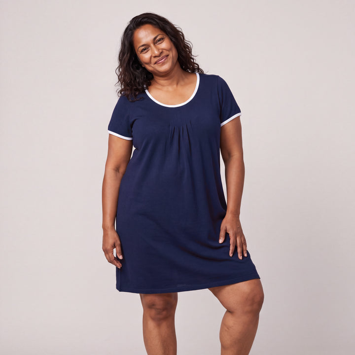 Navy Cool-jams NightCool Pleated Front Short Sleeve Nightie for women, short sleeves, soft pleated front and white trim at the neckline and sleeves, front view, full length