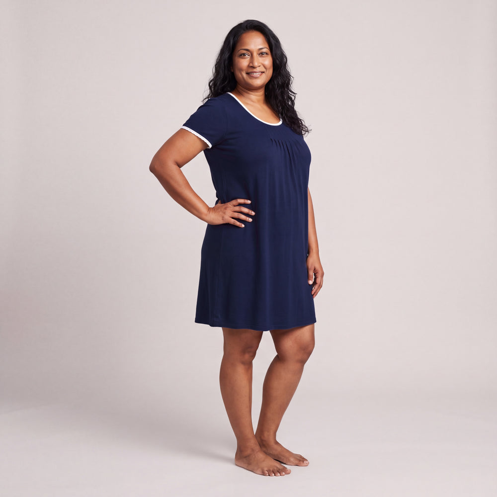 Women's NightCool Pleated Front Short Sleeve Nightie in Navy