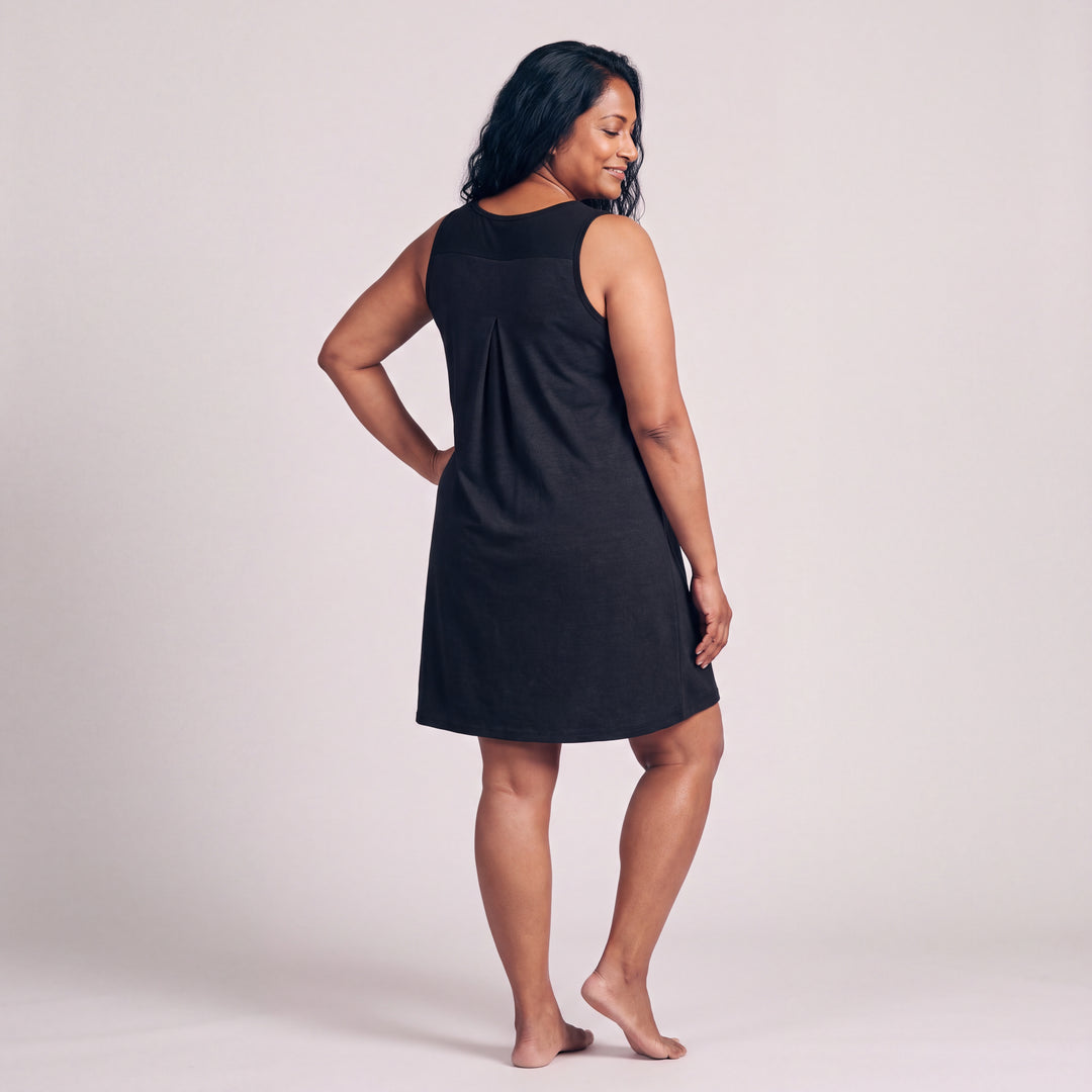 Black Cool-jams NightCool Pleated Front Sleeveless Nightgown for women, sleeveless, soft pleated front and black trim at the neckline and armholes, back view, full length