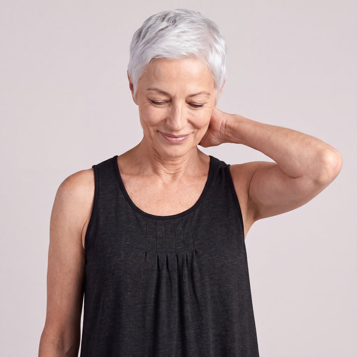 Black Cool-jams NightCool Pleated Front Sleeveless Nightgown for women, sleeveless, soft pleated front and black trim at the neckline and armholes, close-up of the pleated front and neckline