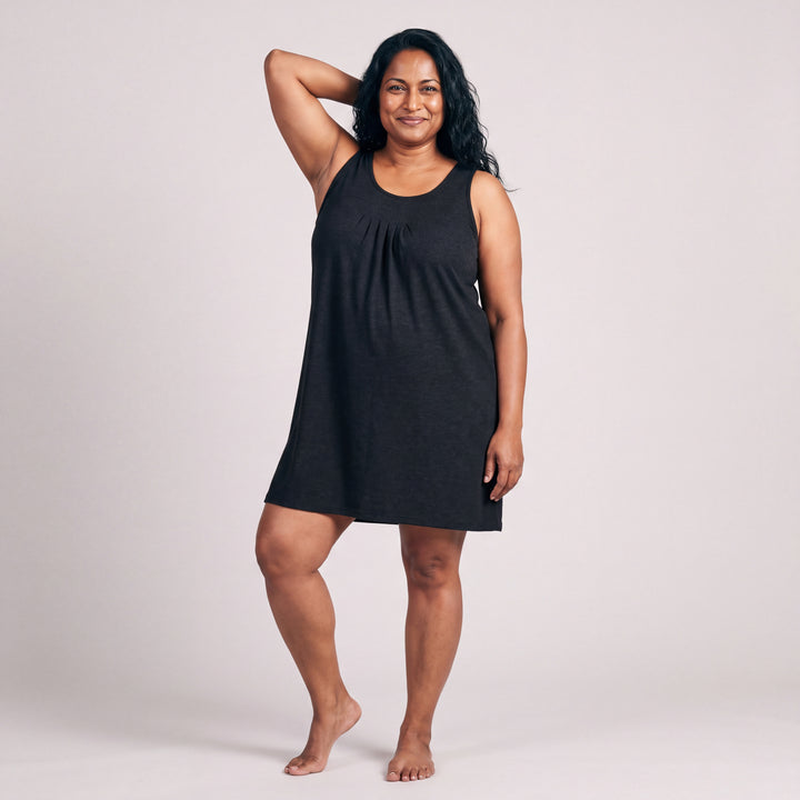 Black Cool-jams NightCool Pleated Front Sleeveless Nightgown for women, sleeveless, soft pleated front and black trim at the neckline and armholes, front view, full length