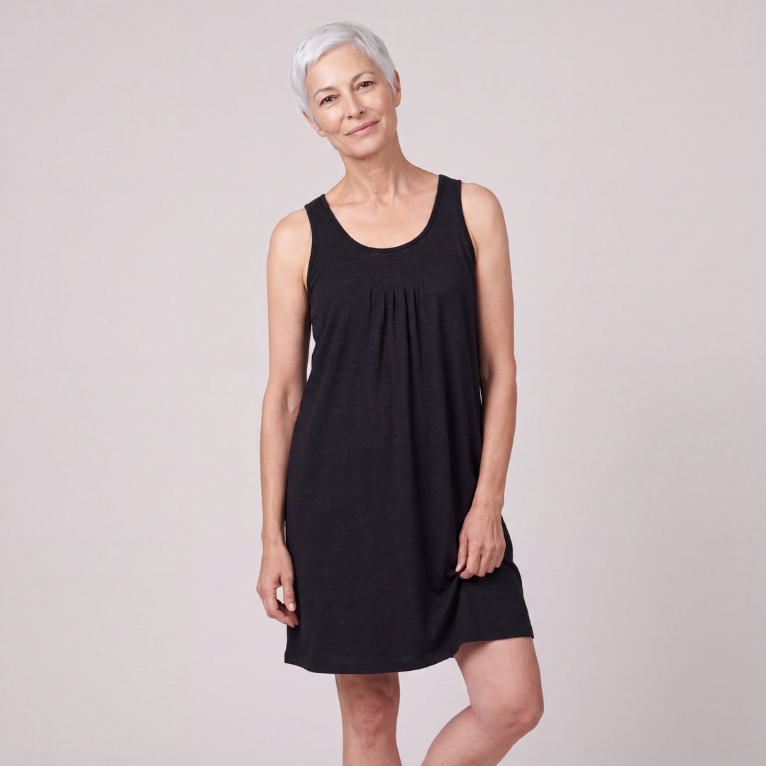 Black Cool-jams NightCool Pleated Front Sleeveless Nightgown for women, sleeveless, soft pleated front and black trim at the neckline and armholes, front view, model posing, full length