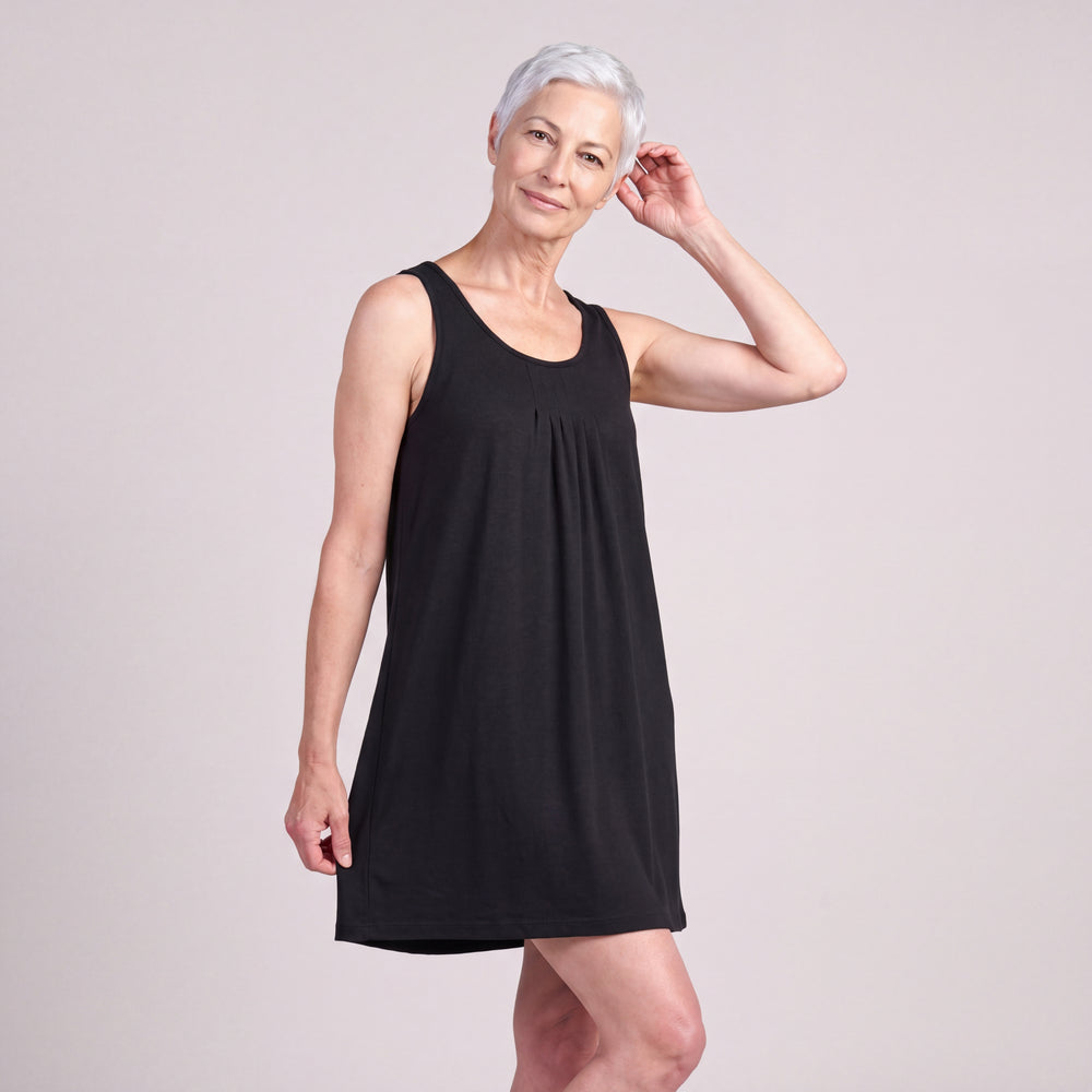 Black Cool-jams NightCool Pleated Front Sleeveless Nightgown for women, sleeveless, soft pleated front and black trim at the neckline and armholes, three-quarter view, full length