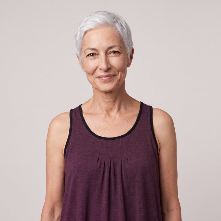 Merlot Cool-jams NightCool Pleated Front Sleeveless Nightgown for women, sleeveless, soft pleated front and black trim at the neckline and armholes, close-up of the pleated front and neckline