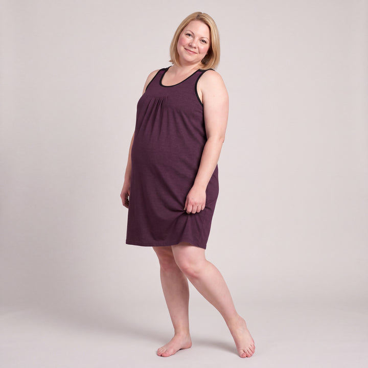 Merlot Cool-jams NightCool Pleated Front Sleeveless Nightgown for women, sleeveless, soft pleated front and black trim at the neckline and armholes, front view, full length