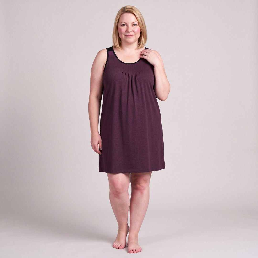 Merlot Cool-jams NightCool Pleated Front Sleeveless Nightgown for women, sleeveless, soft pleated front and black trim at the neckline and armholes, front view, model posing, full length