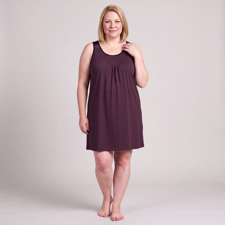 Merlot Cool-jams NightCool Pleated Front Sleeveless Nightgown for women, sleeveless, soft pleated front and black trim at the neckline and armholes, front view, model posing, full length