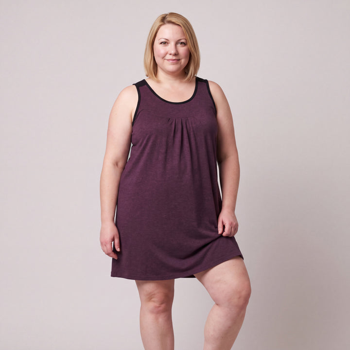 Merlot Cool-jams NightCool Pleated Front Sleeveless Nightgown for women, sleeveless, soft pleated front and black trim at the neckline and armholes, front view, model posing, full length