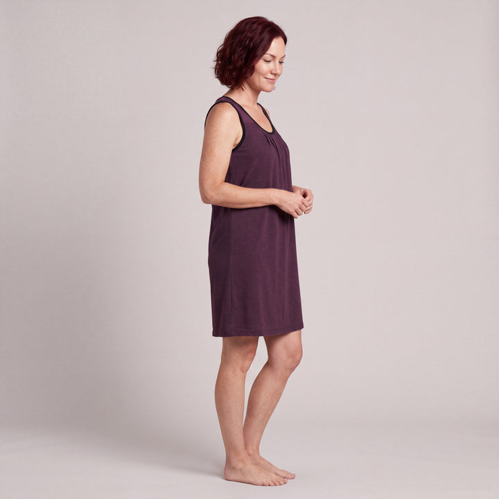 Merlot Cool-jams NightCool Pleated Front Sleeveless Nightgown for women, sleeveless, soft pleated front and black trim at the neckline and armholes, side view, full length