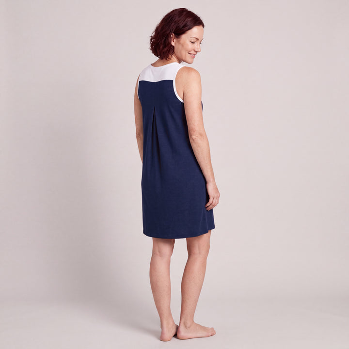 Navy Cool-jams NightCool Pleated Front Sleeveless Nightgown for women, sleeveless, soft pleated front and white trim at the neckline and armholes, back view, full length