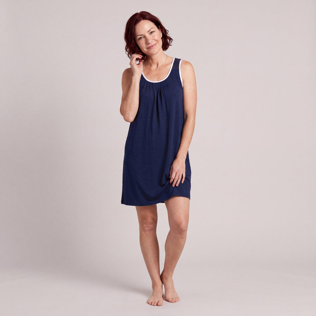 Navy Cool-jams NightCool Pleated Front Sleeveless Nightgown for women, sleeveless, soft pleated front and white trim at the neckline and armholes, front view, full length