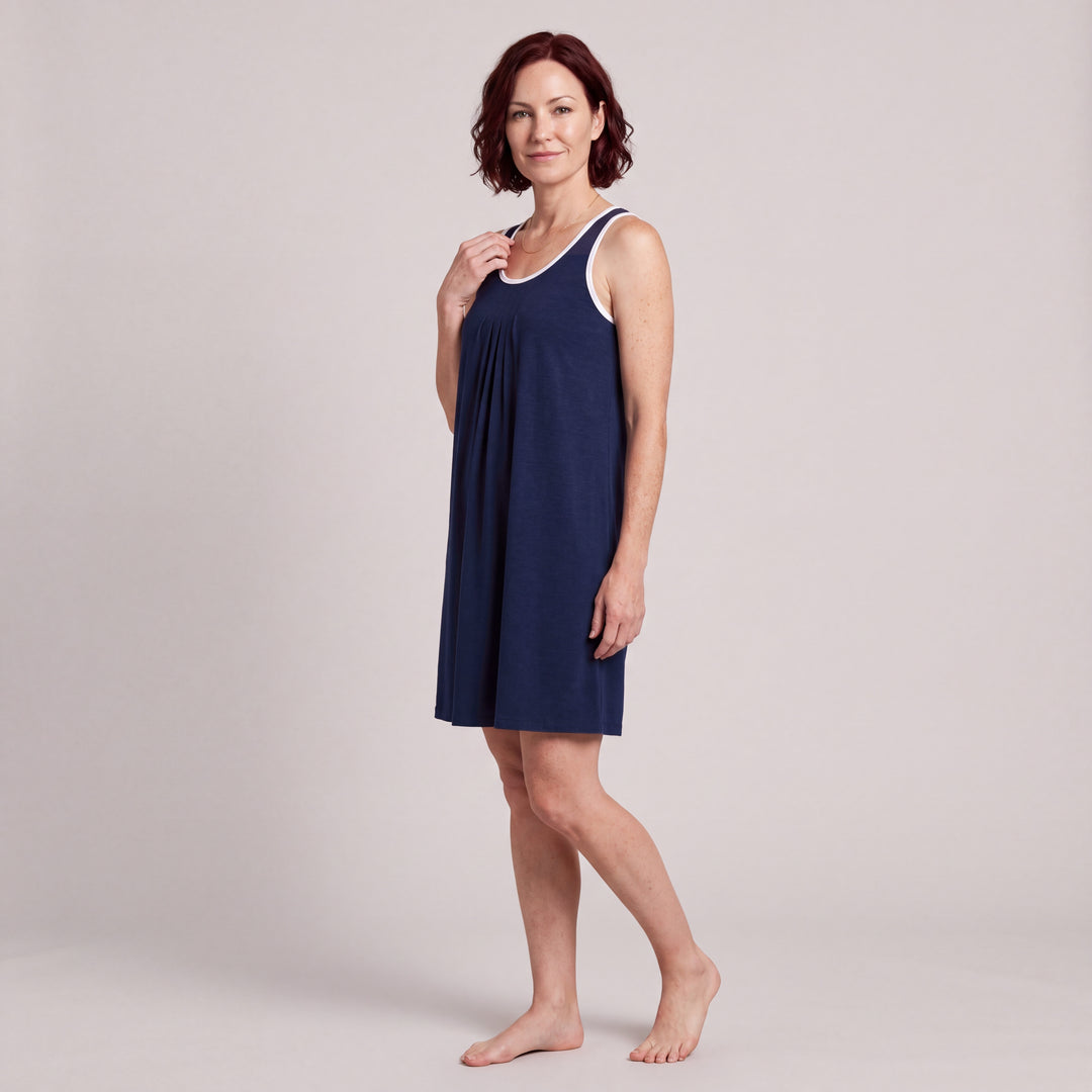 Navy Cool-jams NightCool Pleated Front Sleeveless Nightgown for women, sleeveless, soft pleated front and white trim at the neckline and armholes, three-quarter view, full length