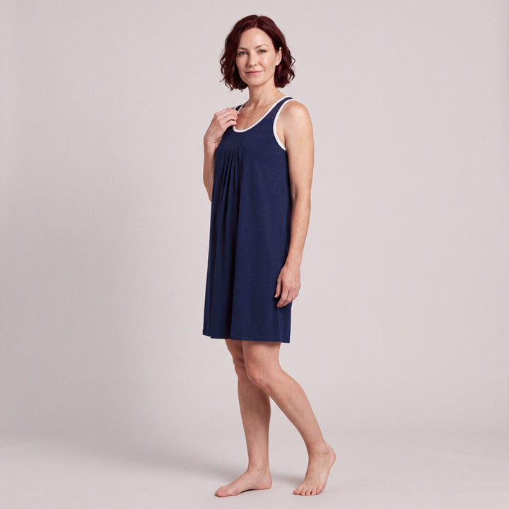 Navy Cool-jams NightCool Pleated Front Sleeveless Nightgown for women, sleeveless, soft pleated front and white trim at the neckline and armholes, three-quarter view, full length
