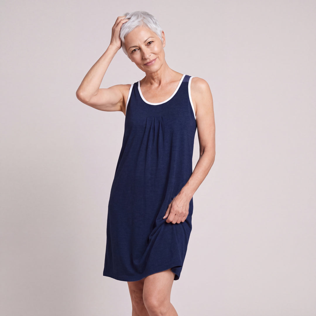 Women's NightCool Pleated Front Sleeveless Nightgown in Navy