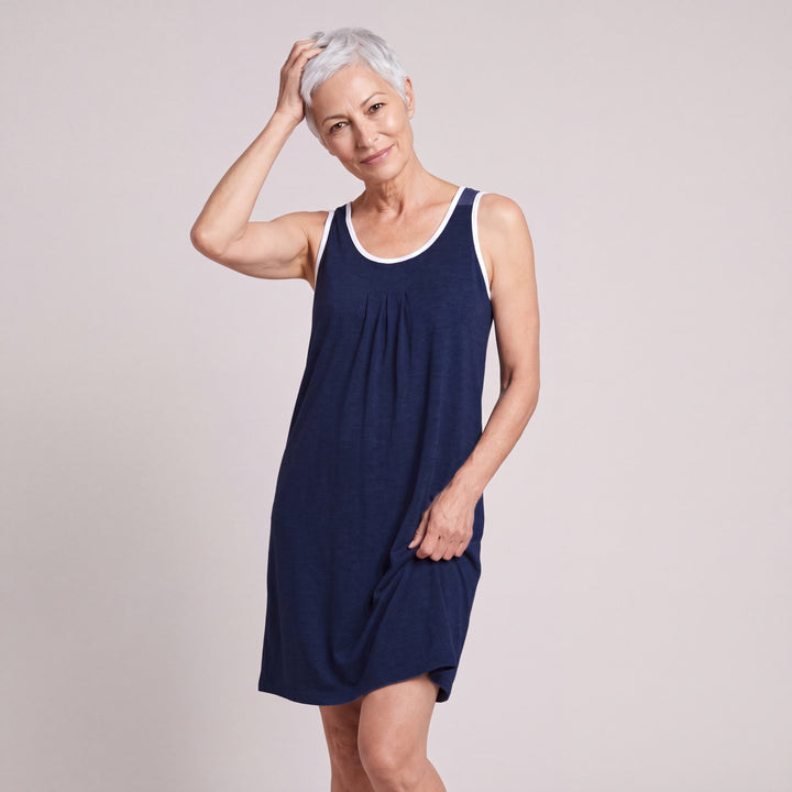 Navy Cool-jams NightCool Pleated Front Sleeveless Nightgown for women, sleeveless, soft pleated front and white trim at the neckline and armholes, front view, model posing, full length