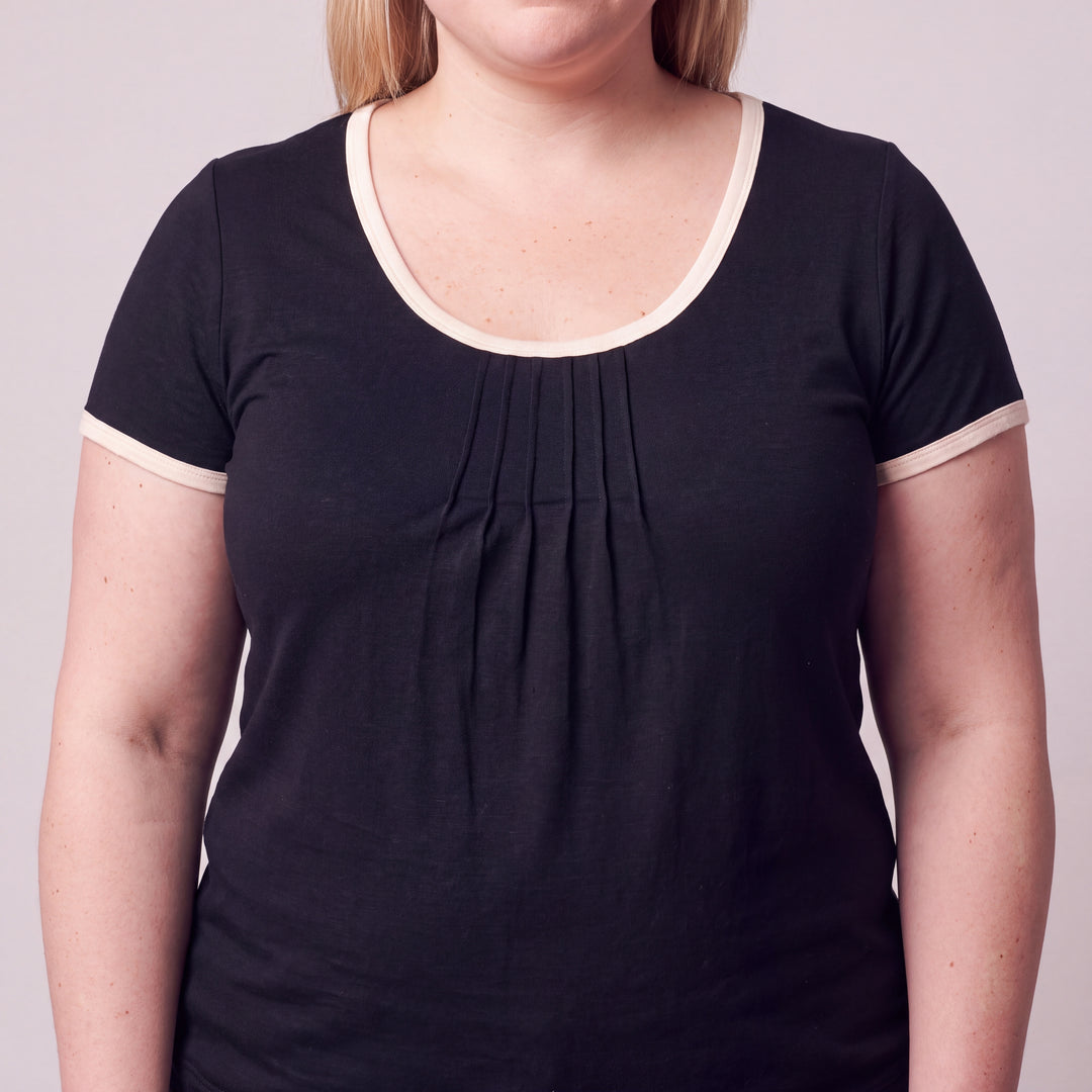 Black Cool-jams NightCool Pleated T-Shirt for women, close-up, the pleated neckline and cream binding