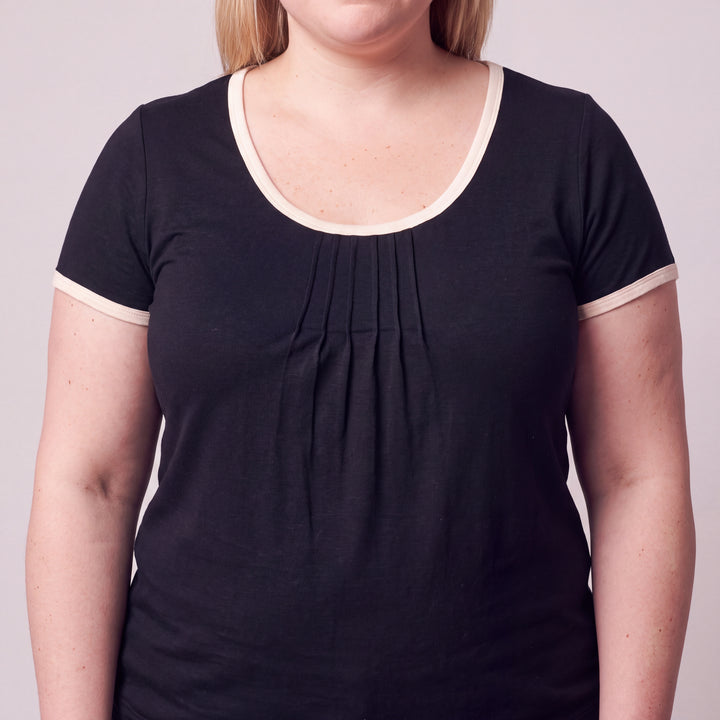 Black Cool-jams NightCool Pleated T-Shirt for women, close-up, the pleated neckline and cream binding
