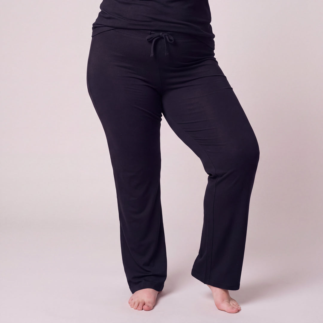 Black Cool-jams NightCool Pleated T-Shirt for women, close-up, waist to feet, the relaxed straight leg
