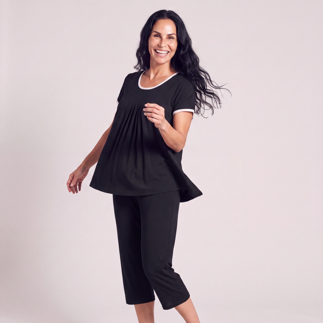 Black Cool-jams NightCool Pleated T-Shirt Capri Set for women, made for night sweats and hot flashes