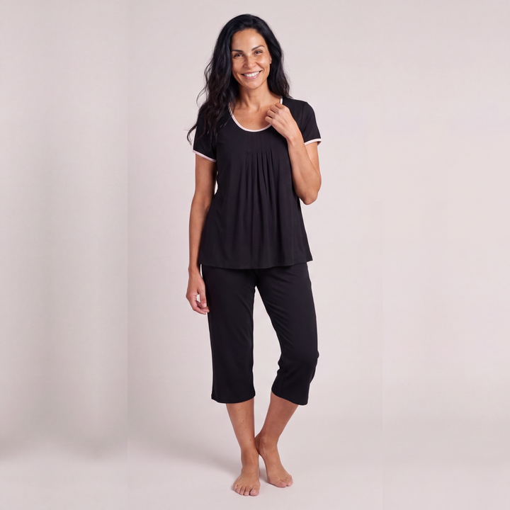 Black Cool-jams NightCool Pleated T-Shirt Capri Set for women, breathable Kottinu fabric