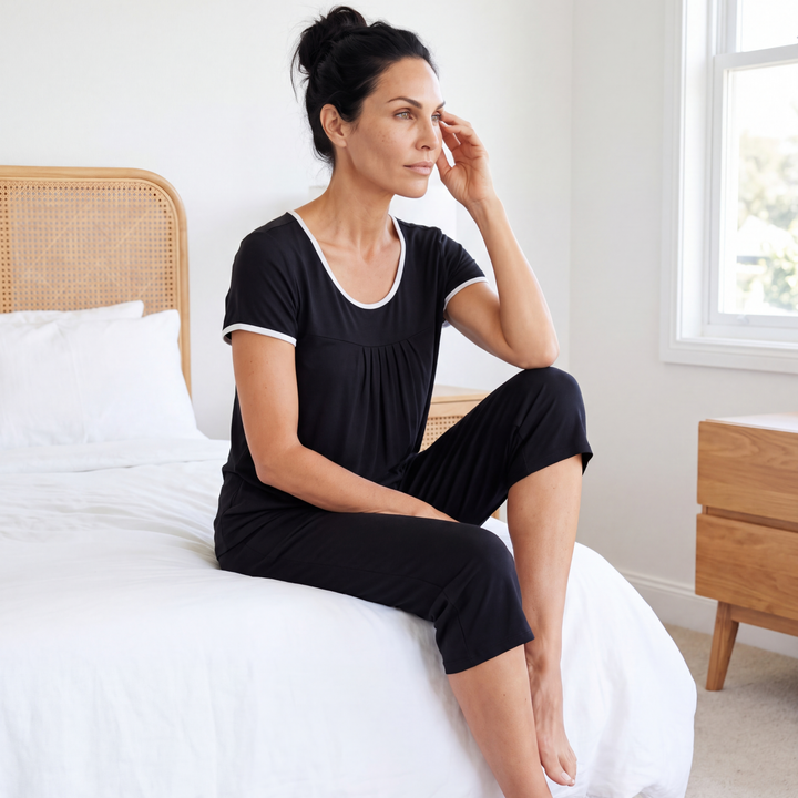 Black Cool-jams NightCool Pleated T-Shirt Capri Set for women, lifestyle view, wicks sweat and dries fast