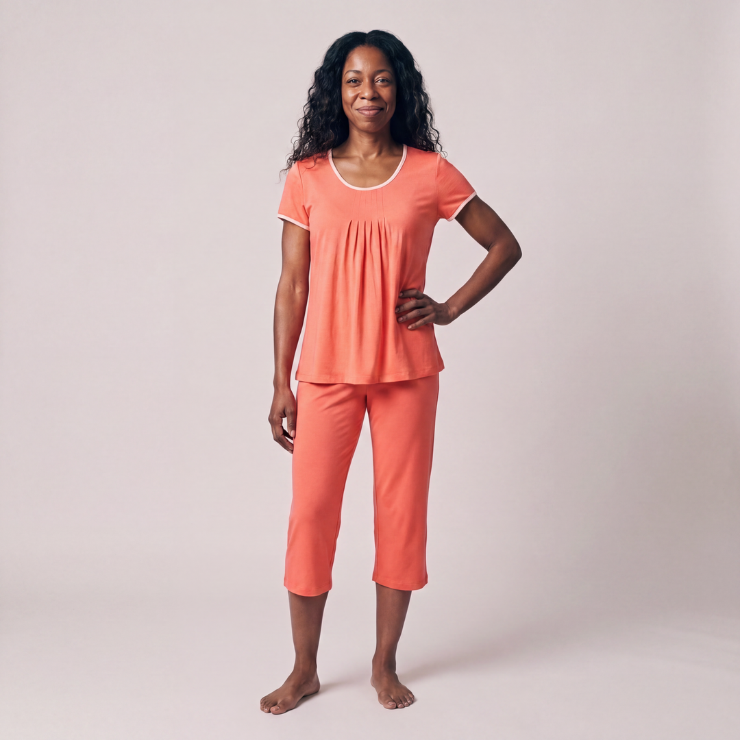 Coral Cool-jams NightCool Pleated T-Shirt Capri Set for women, cooling sleepwear for hot sleepers