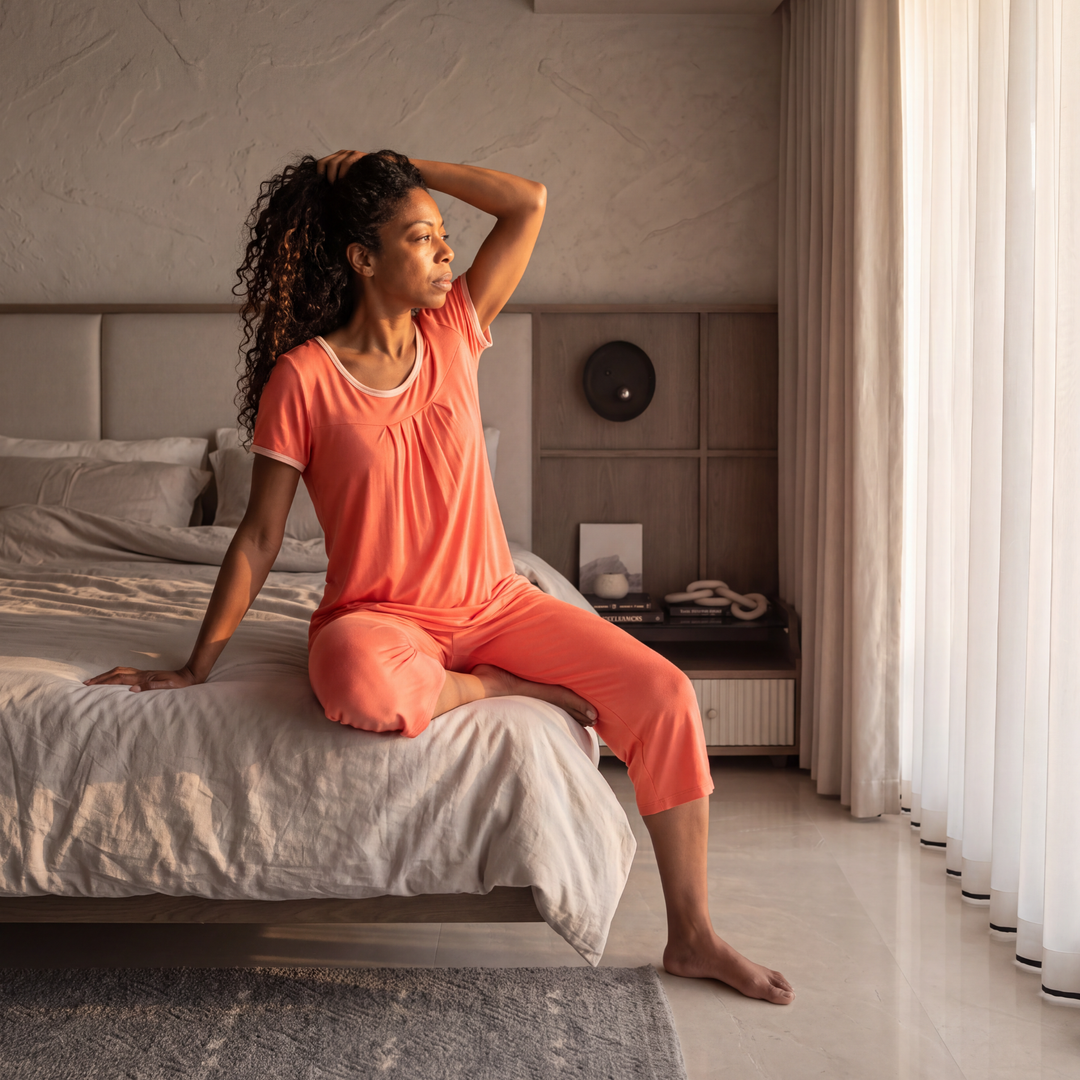 Coral Cool-jams NightCool Pleated T-Shirt Capri Set for women, lifestyle view, made for night sweats and hot flashes
