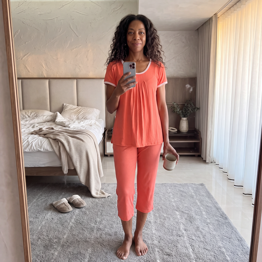 Coral Cool-jams NightCool Pleated T-Shirt Capri Set for women, lifestyle view, breathable Kottinu fabric